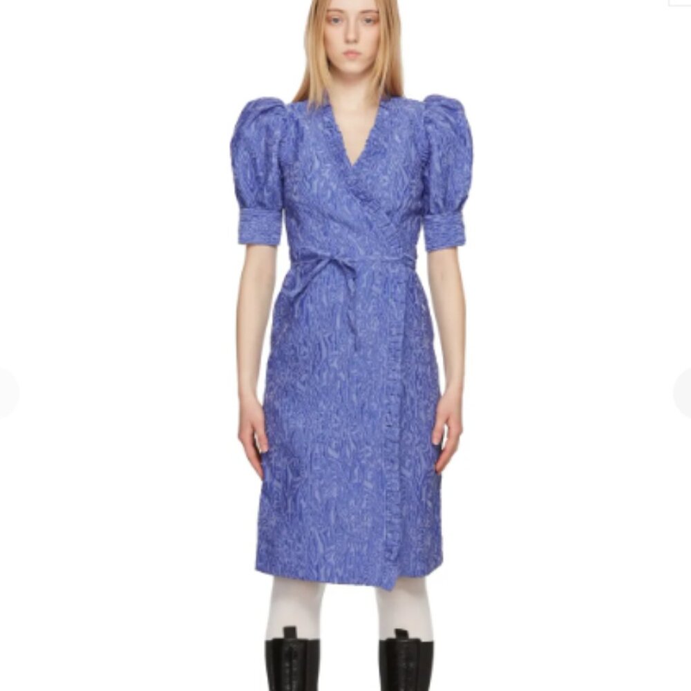 Ganni Lavender-Blue Puff Sleeve Wrap Midi Dress